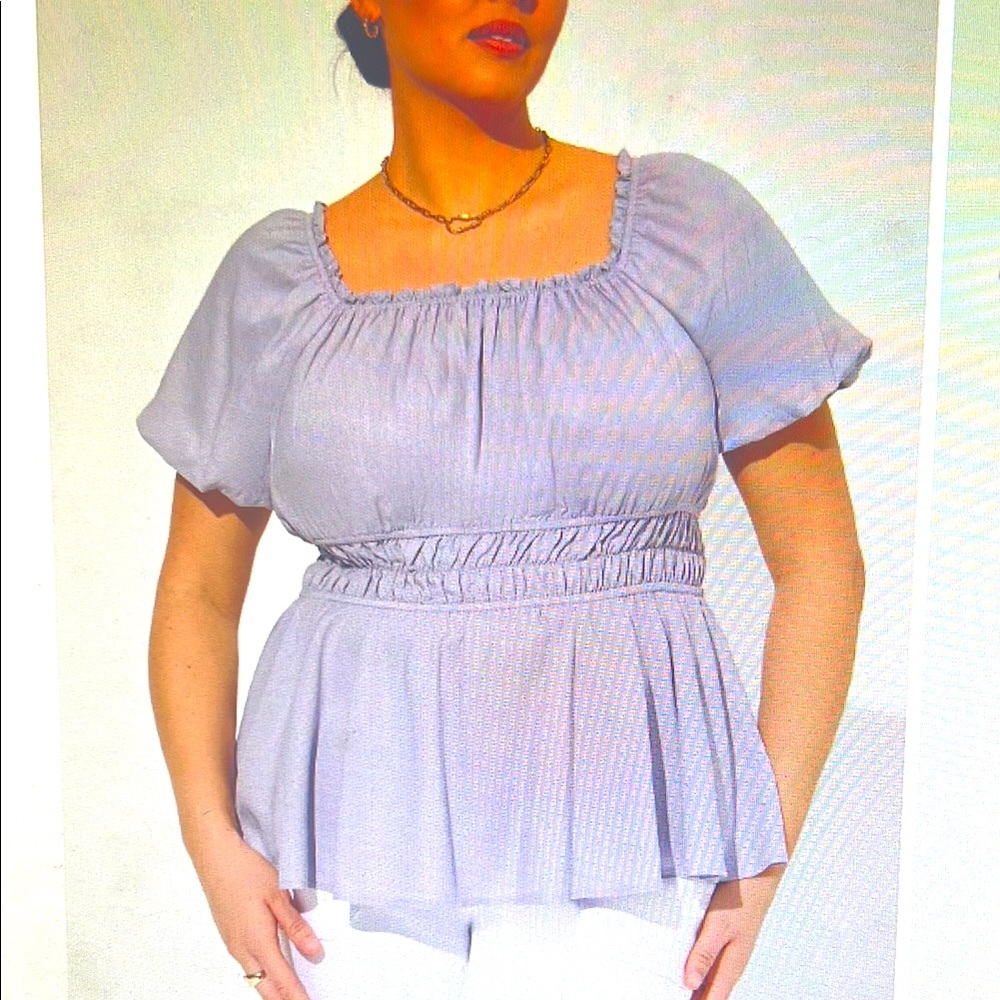 Torrid 5 Linen blend Puff-sleeve shorted bodice Light Purple Ruched Blouse NWT